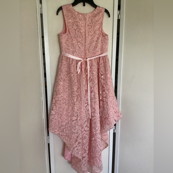💗 Girls formal dress Sz 7 pink lace fancy sequins wedding black tie flower girl - Picture 5 of 10
